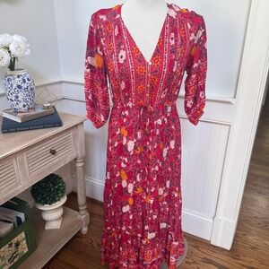 Walker & Wade Red Floral Boho Maxi Dress V-Neck 3/4 Sleeve XS